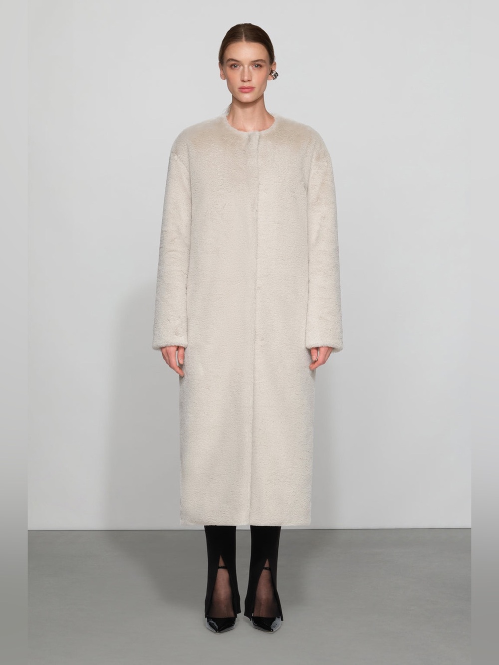 Et Ochs Theo Car Long Teddy Coat in Ivory - Women's Faux-Shearling Jacket